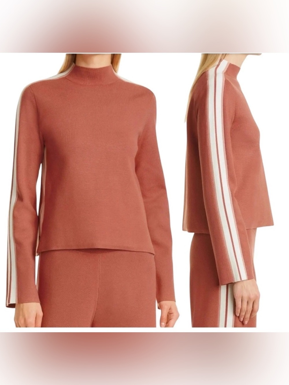 Veronica Beard Retha Mock Neck Racing Stripe Sweater Terracota Size S